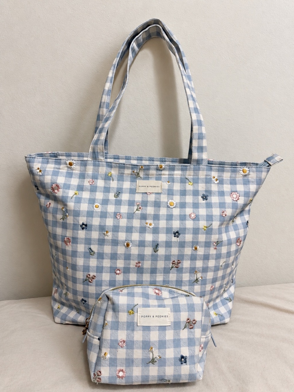 Poppy & Peonies Country Picnic Gingham Everything Tote + Matching Cosmetic Bag